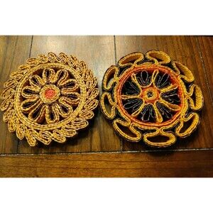 Rattan Woven Trivet Boho Floral 7" Trivet Raffia Straw Colorful Lot Of 2 Vintage
